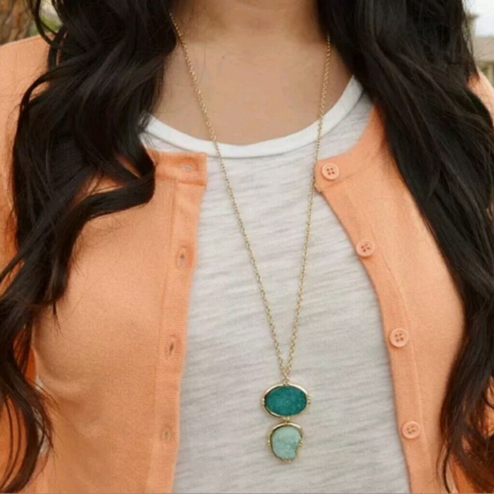 Long Double Druzy Pendant Necklace - Picture 4 of 4